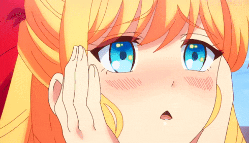 a girl with blonde hair and blue eyes is touching her face with her hand
