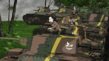 a cartoon drawing of a group of tanks with chinese characters on them