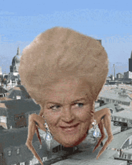a woman with a very large wig and earrings is smiling in front of a city