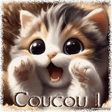 a close up of a kitten with its mouth open and the words `` coucou '' written on it .