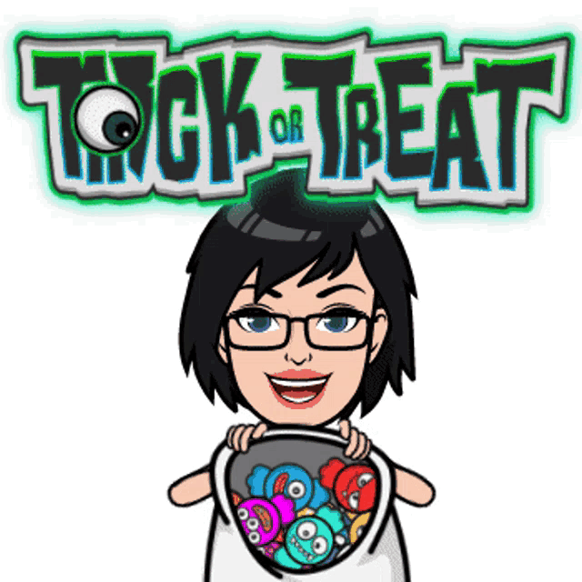 a cartoon girl holding a bucket of candy with the words trick or treat behind her