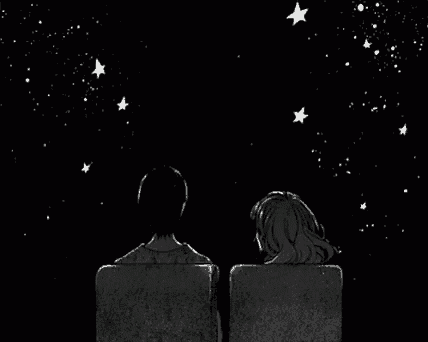 a black and white drawing of a man and a woman looking at the stars