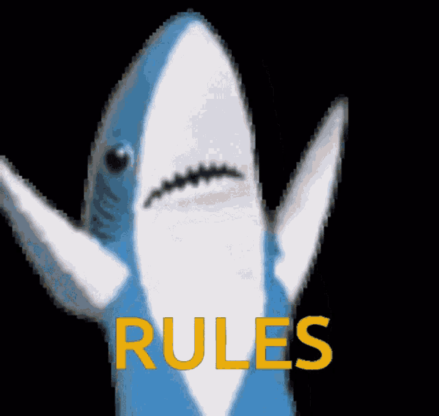 a blue and white shark with the word rules written in yellow