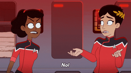two cartoon characters are standing next to each other and one of them says " no "