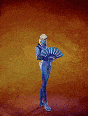 a painting of a woman in a blue suit with a mask on her face