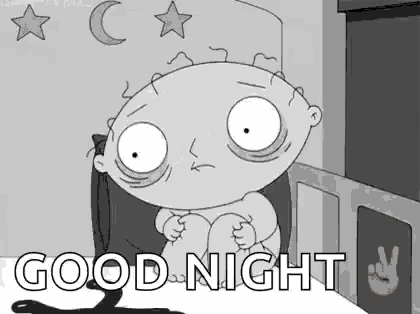 a cartoon character from family guy is sitting on a bed and saying `` good night '' .