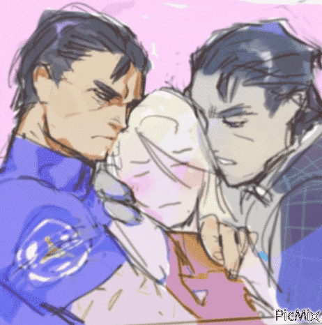 a drawing of two men hugging a woman with picmix written on the bottom right