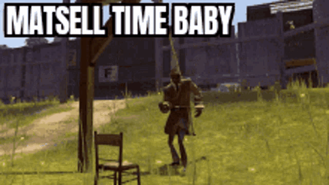 a man standing in a field with the words matsell time baby on the bottom