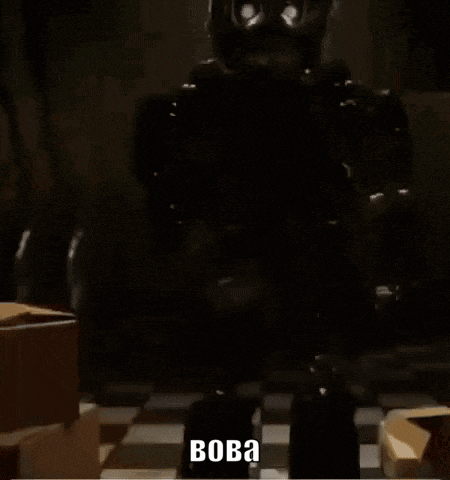 a cartoon character is standing in a dark room with boxes and a checkered floor .