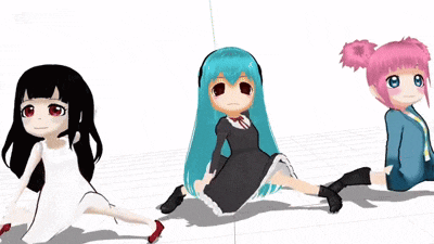 three anime girls are standing next to each other with one wearing headphones