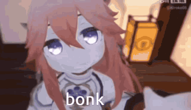 a cartoon girl with pink hair and purple eyes says bonk