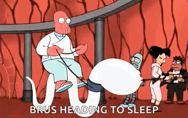 a cartoon of a man sitting on top of a worm with the words `` brus heading to sleep '' .