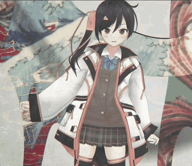 a girl in a school uniform stands in front of a wall