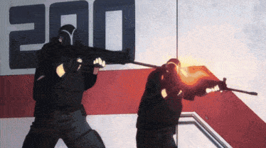 two soldiers are aiming their guns in front of a wall with the number 200 on it