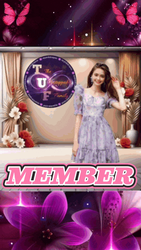 a woman in a purple dress stands in front of purple flowers and butterflies