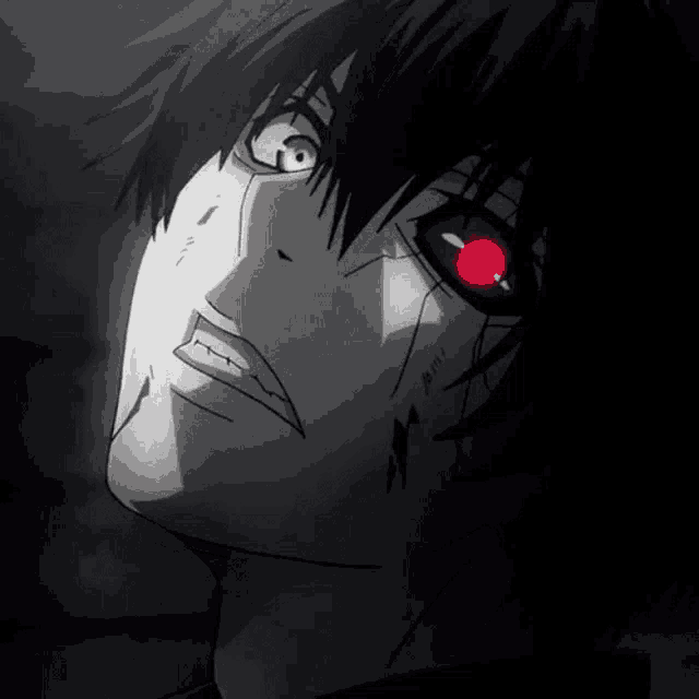 a black and white drawing of a boy with red eyes