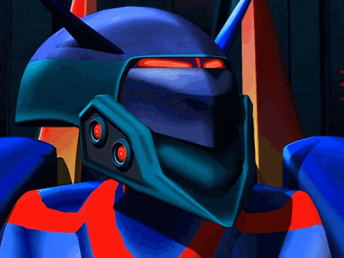 a blue robot with red eyes and a blue helmet