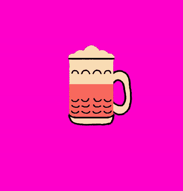 a cartoon drawing of a mug of beer with a pink background