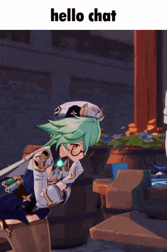 a screenshot of a video game character with the words hello chat on the bottom