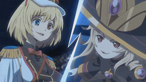 two anime girls are standing next to each other and one has a sword