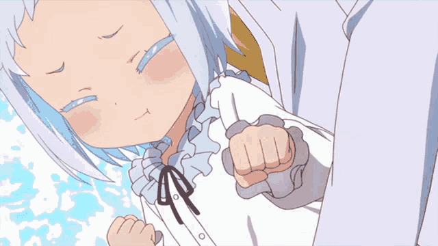 a little girl with white hair is laying on a man 's shoulder