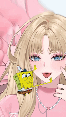 a blonde anime girl with a spongebob sticker on her forehead
