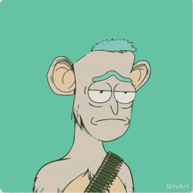 a cartoon of a monkey with a bullet belt around his neck and the words gifs art on the bottom