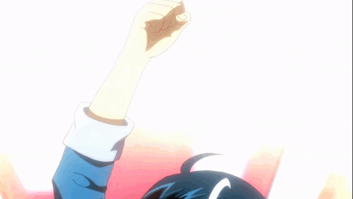 a cartoon character with blue hair is smiling with his arms in the air