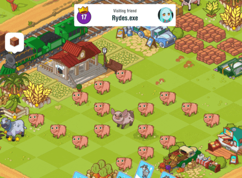 a screenshot of a game with pigs and a sign that says visiting friend rydes.exe on it