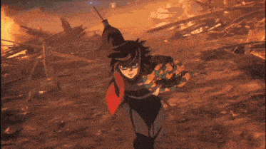 a cartoon character is running with a sword in his hand .