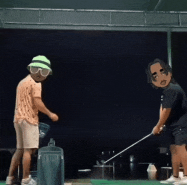 a man wearing a green hat and sunglasses is playing golf with another man