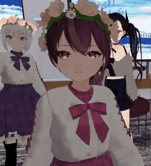 a girl with a flower crown on her head stands in a room