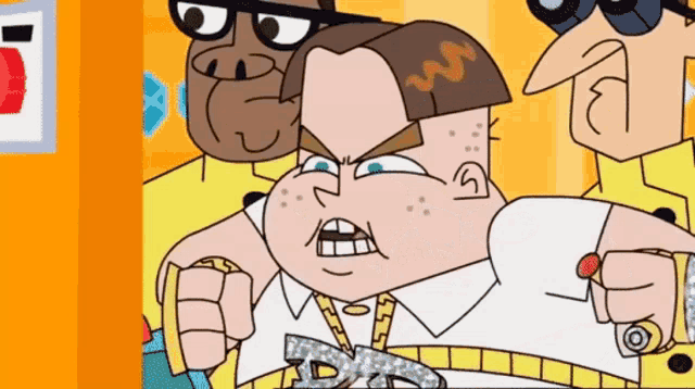 a cartoon of a man with a belt that has the letter p on it