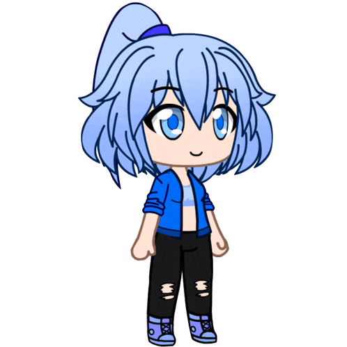a cartoon character with blue hair and a blue jacket
