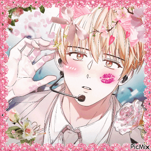 a picture of a boy with flowers on his head and a kiss on his cheek is surrounded by pink flowers