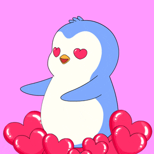 a blue and white penguin with a heart in its mouth