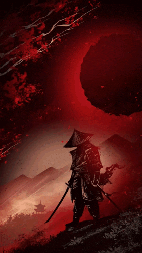 a samurai with a sword and a hat is standing on top of a hill with a large rock in the background .