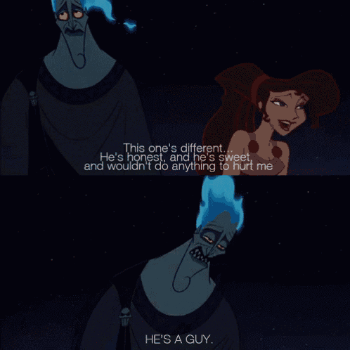 a cartoon of hades and megara from hercules with a quote that says " he 's a guy "