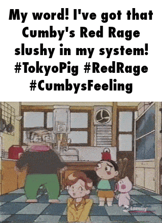 a picture of a kitchen with a caption that says my word i 've got that cumby 's red rage