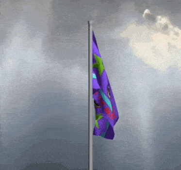 a purple flag on a pole that says ' liberty ' on it