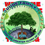 a logo for the dude family has a tree in the center