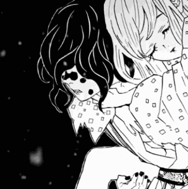a black and white drawing of a woman holding another woman in her arms .