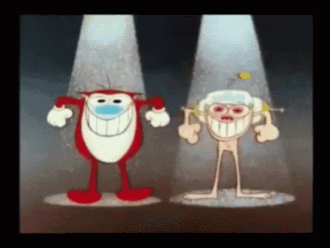 two cartoon characters are standing next to each other in spotlights