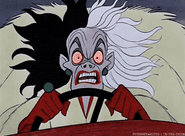 cruella de vil from the movie 101 dalmatians is driving a car with a very angry face .
