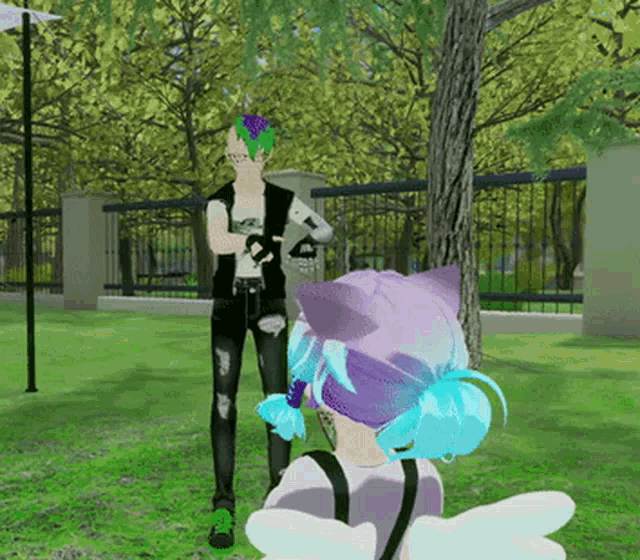 a cartoon character with purple hair is standing next to another character