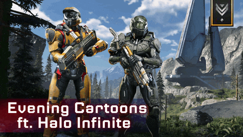 two soldiers are standing next to each other with the words evening cartoons ft halo infinite