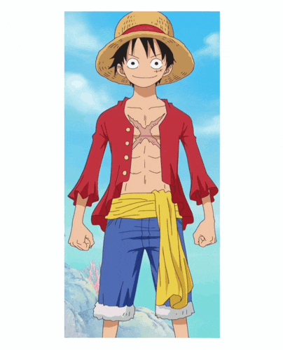 luffy from one piece is wearing a straw hat and a red shirt