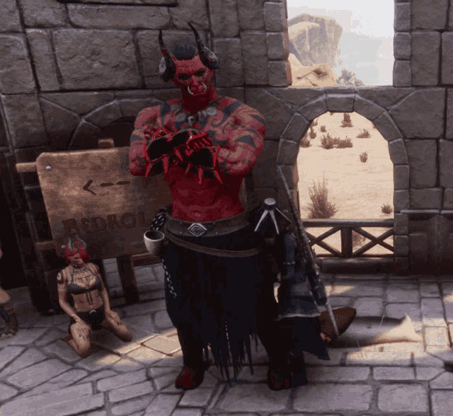 a video game character stands in front of a wooden sign that says redrol