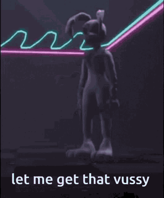 a rabbit is dancing in a dark room with the words let me get that vussy below it .