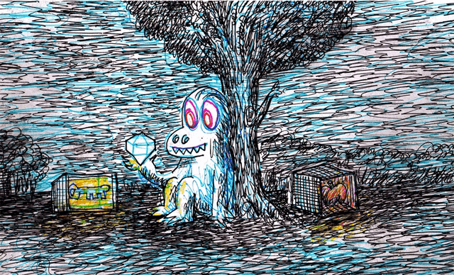 a drawing of a monster sitting under a tree holding a balloon